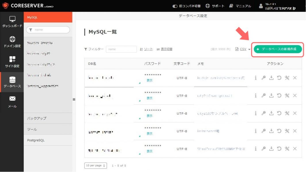 CORESERVERのコントロールパネルでデータベースの新規作成